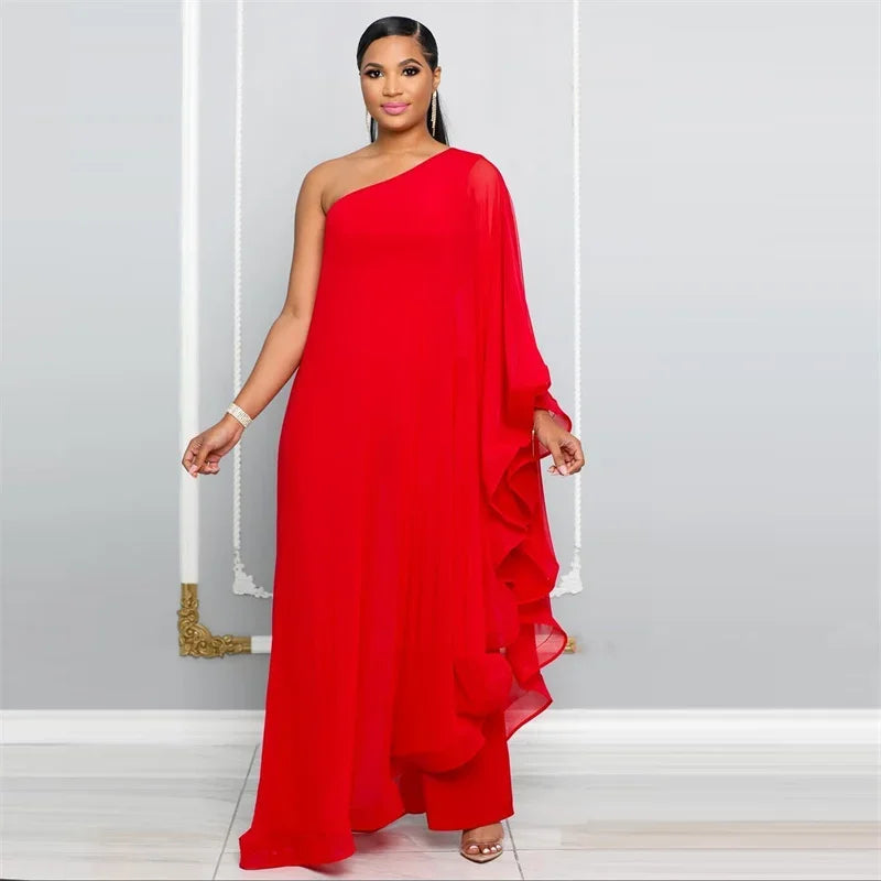 Elegant Chiffon One Shoulder Wide Leg Jumpsuit for Women Evening Party Birthday Romper Overalls Stylish One Piece Combinaison Femme