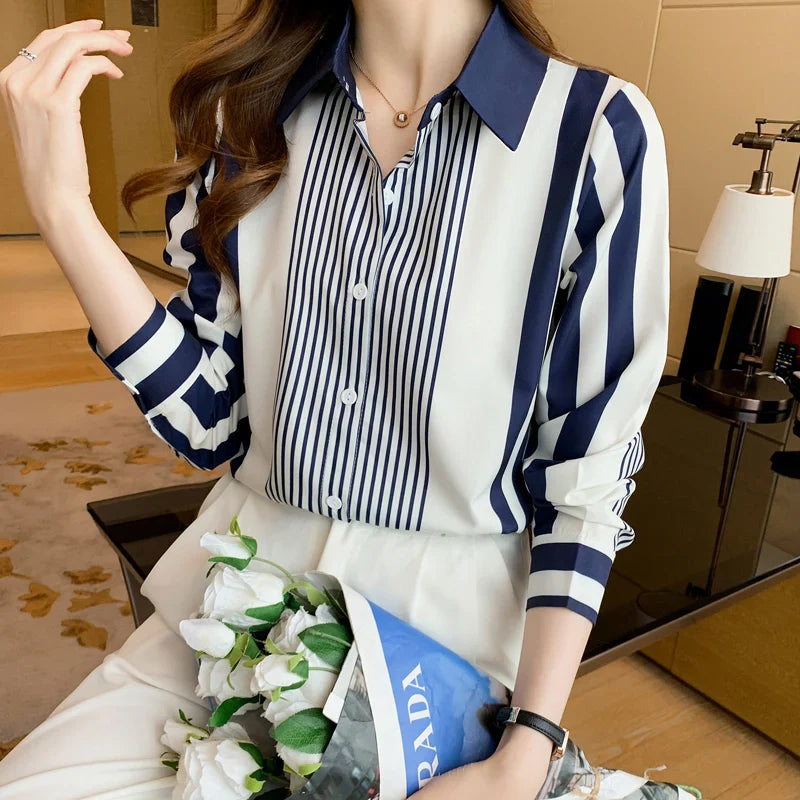 Women's Blue Striped Long Sleeve Shirt Button Up Polo Neck Blouse Casual Leisure Top