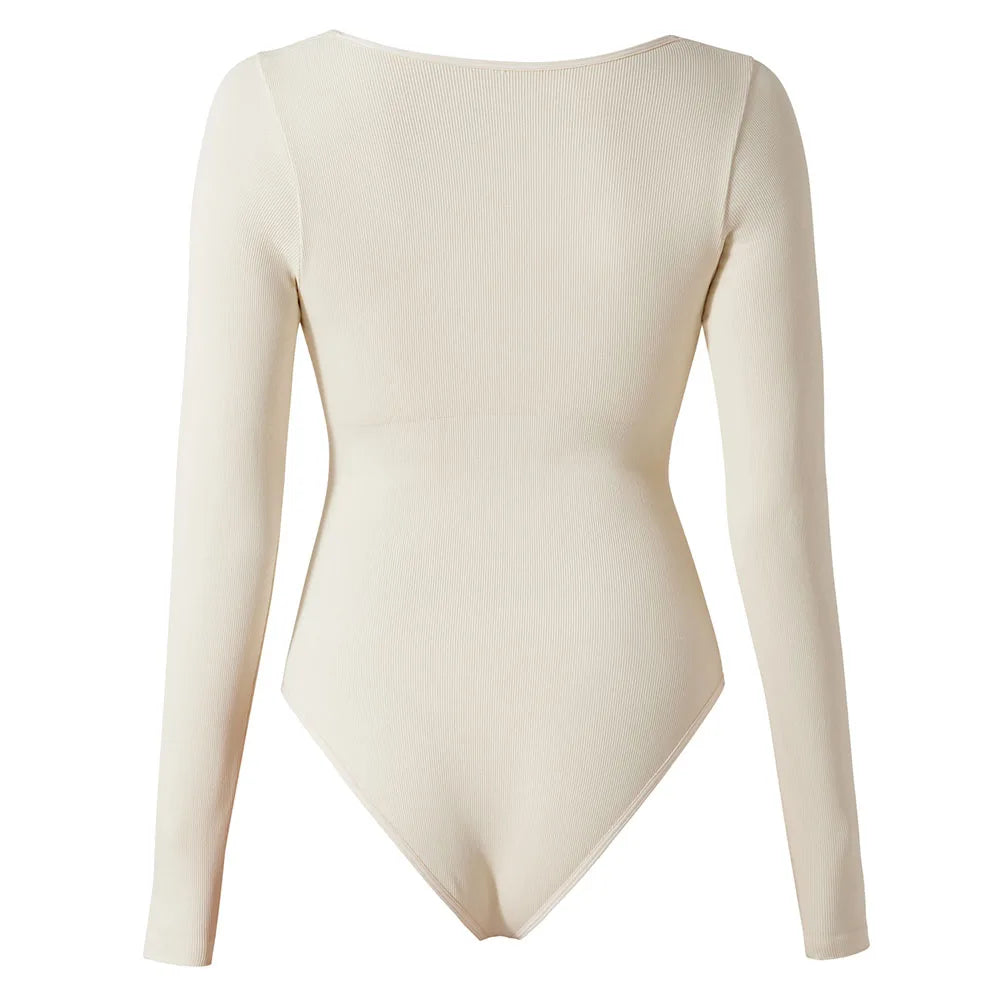 Sexy Long Sleeve Bodysuit for Women Skinny Bodycon V-Neck Push Up Romper Streetwear Jumpsuit