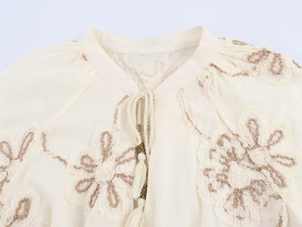 Womens Flower Embroidered Cropped Blouse Loose Tassel Lantern Sleeve Round Neck Chic Top