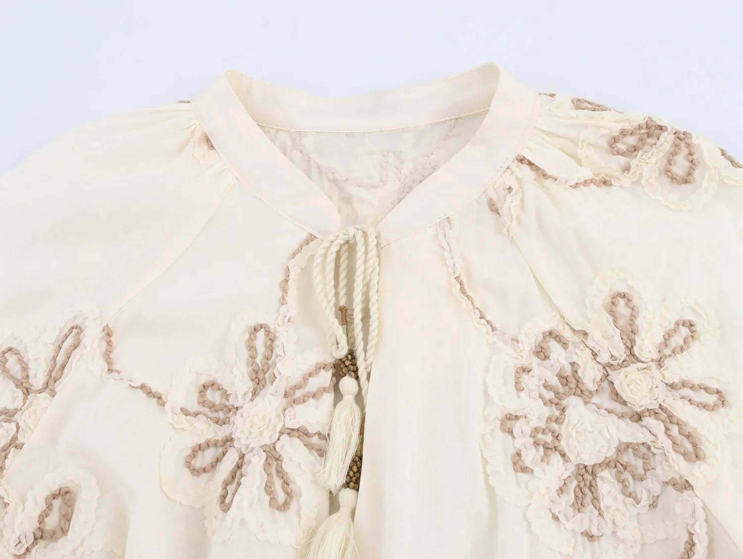 Womens Flower Embroidered Cropped Blouse Loose Tassel Lantern Sleeve Round Neck Chic Top