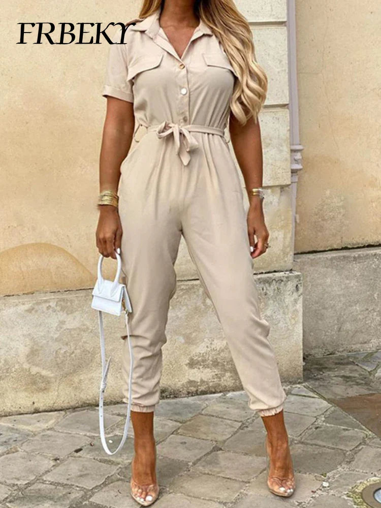 Casual Chic Overalls for Women Lapel Lace-Up Print Belted Work Jumpsuit One-Piece Bodysuit Elegant Long Sleeve Jumpsuit with Stylish Fit