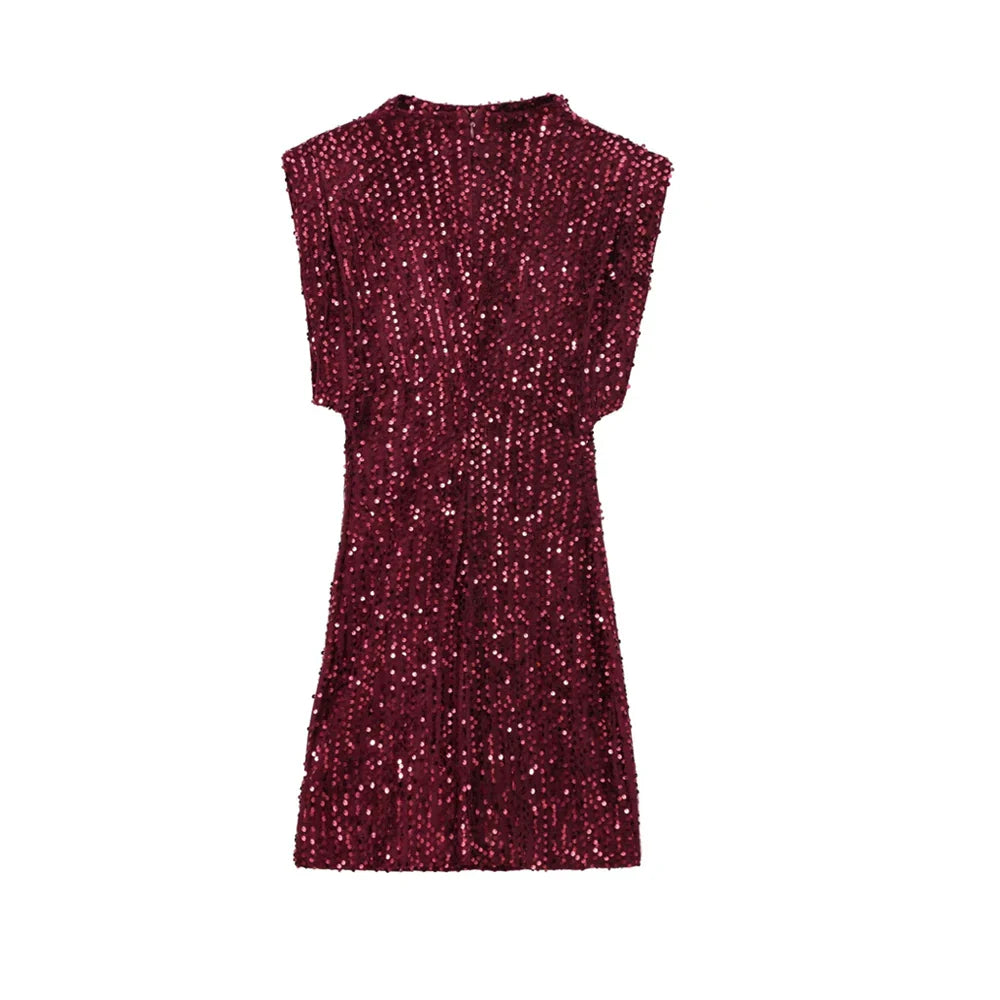 Sequined Mini Dress With Shoulder Pads O Neck Sleeveless