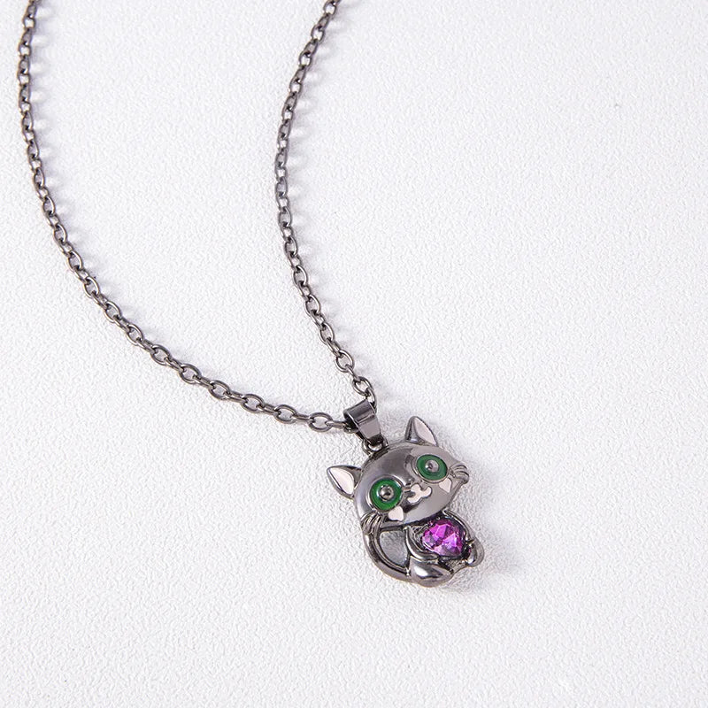 Cartoon Black Cat Pendant Necklace with Purple Heart Crystal for Women and Men Jewelry Accessory