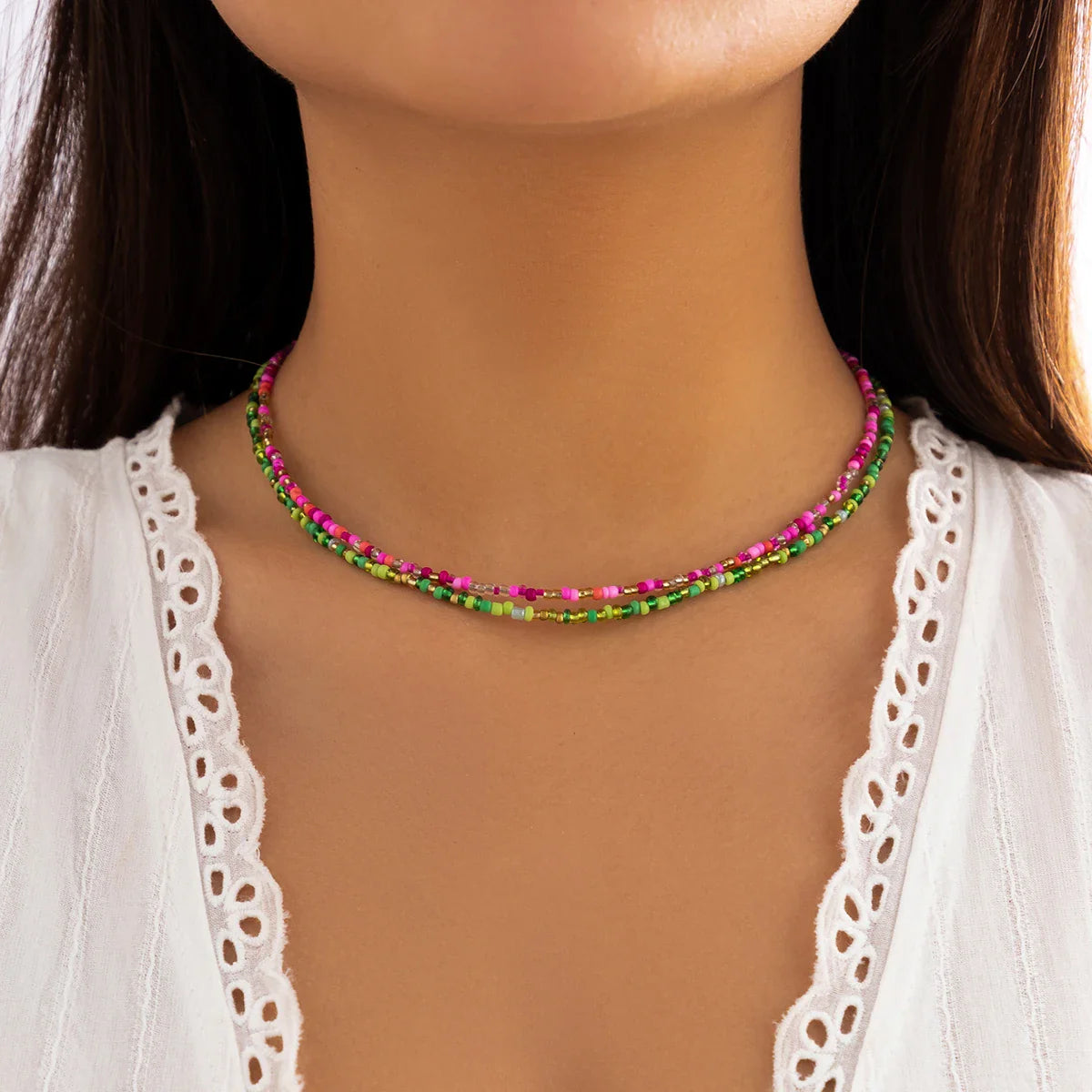 Bohemian Multicolored Acrylic Seed Beads Necklace Handmade Short Choker for Women Stylish Party Jewelry