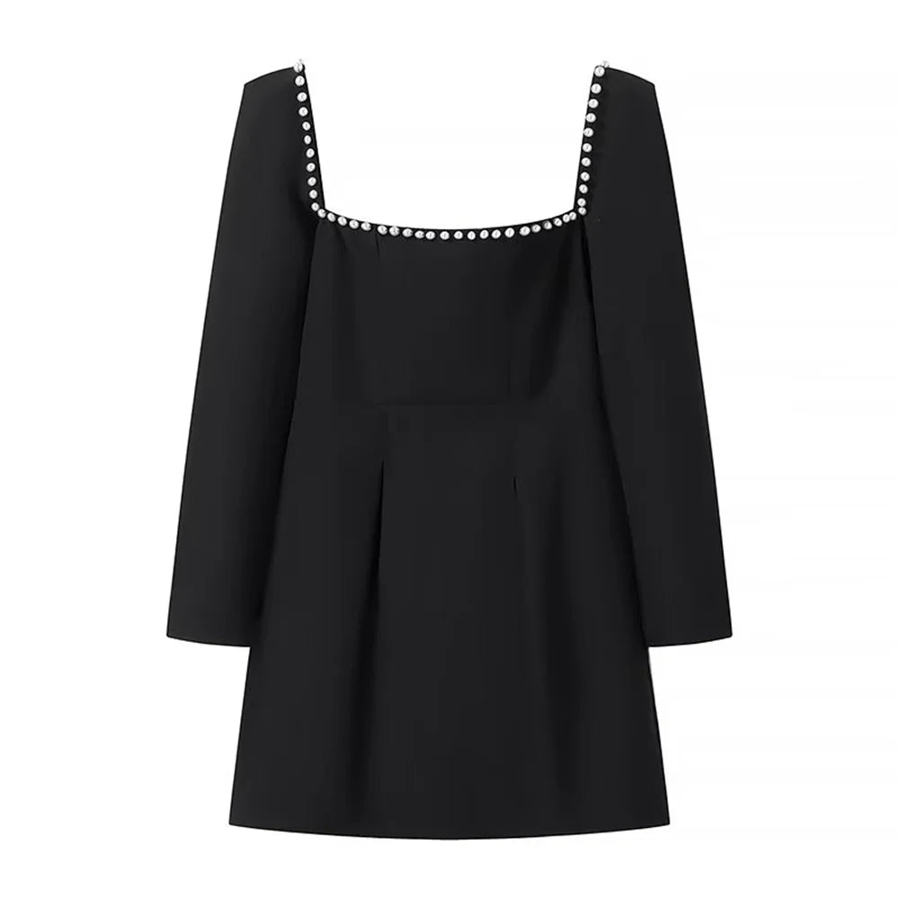 Pearl Embellished Square Neck Dress Slim Fit A Line