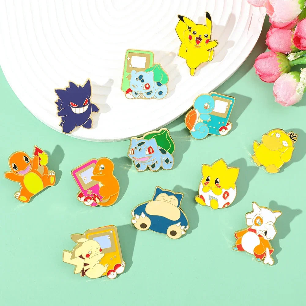 Creative 4 Piece Enamel Brooch Set Featuring Cute Game Console Pikachu Togepi and Charmander Pins for Wallet Backpack and Clothing