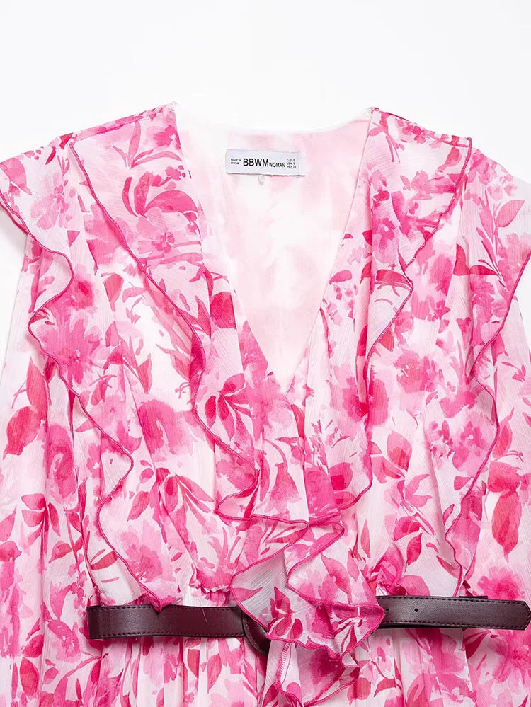 Printed Midi Dress With Belt for Women V Neck Chic