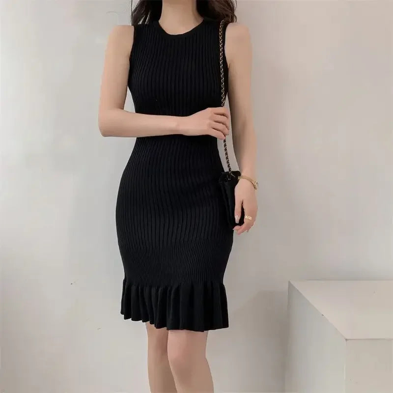 Slimming Knit Dress Sleeveless Fish Tail Leaf Design