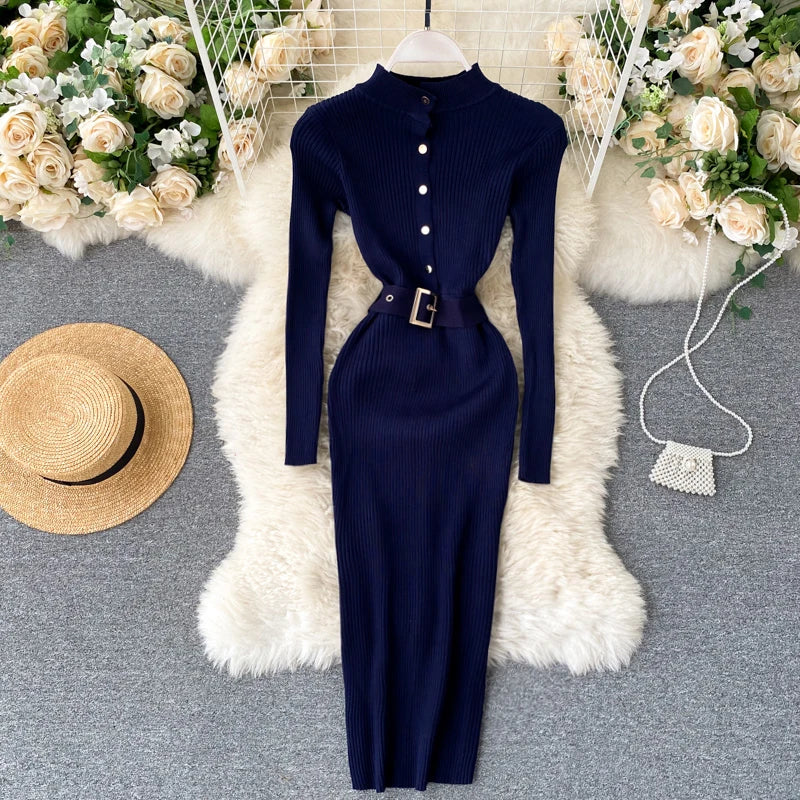 Womens Winter Knitted Dress Stand Collar With Sash Belt
