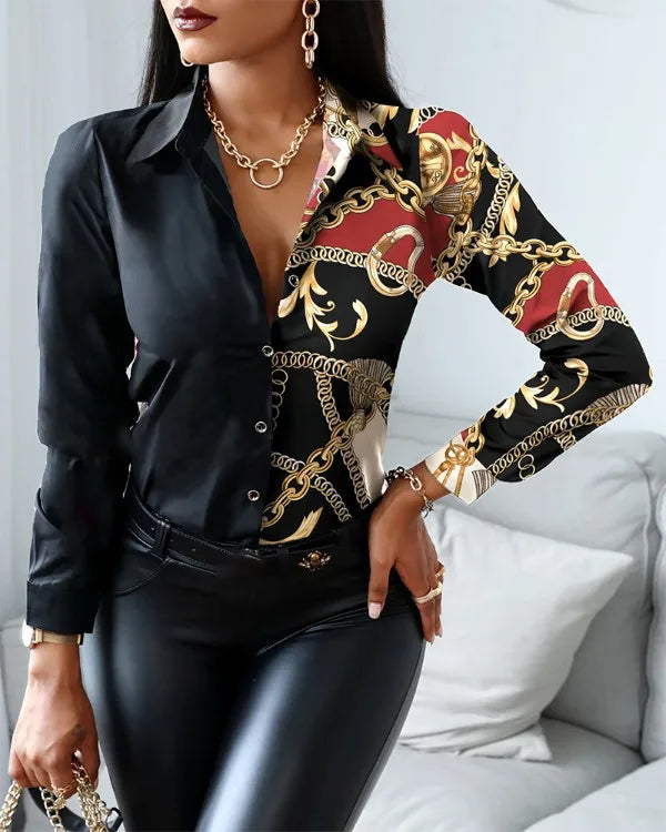 Office Lady Turn Down Collar Leopard Print Shirt with Striped Lapel Long Sleeve Blouse Casual Vintage Fashion Top