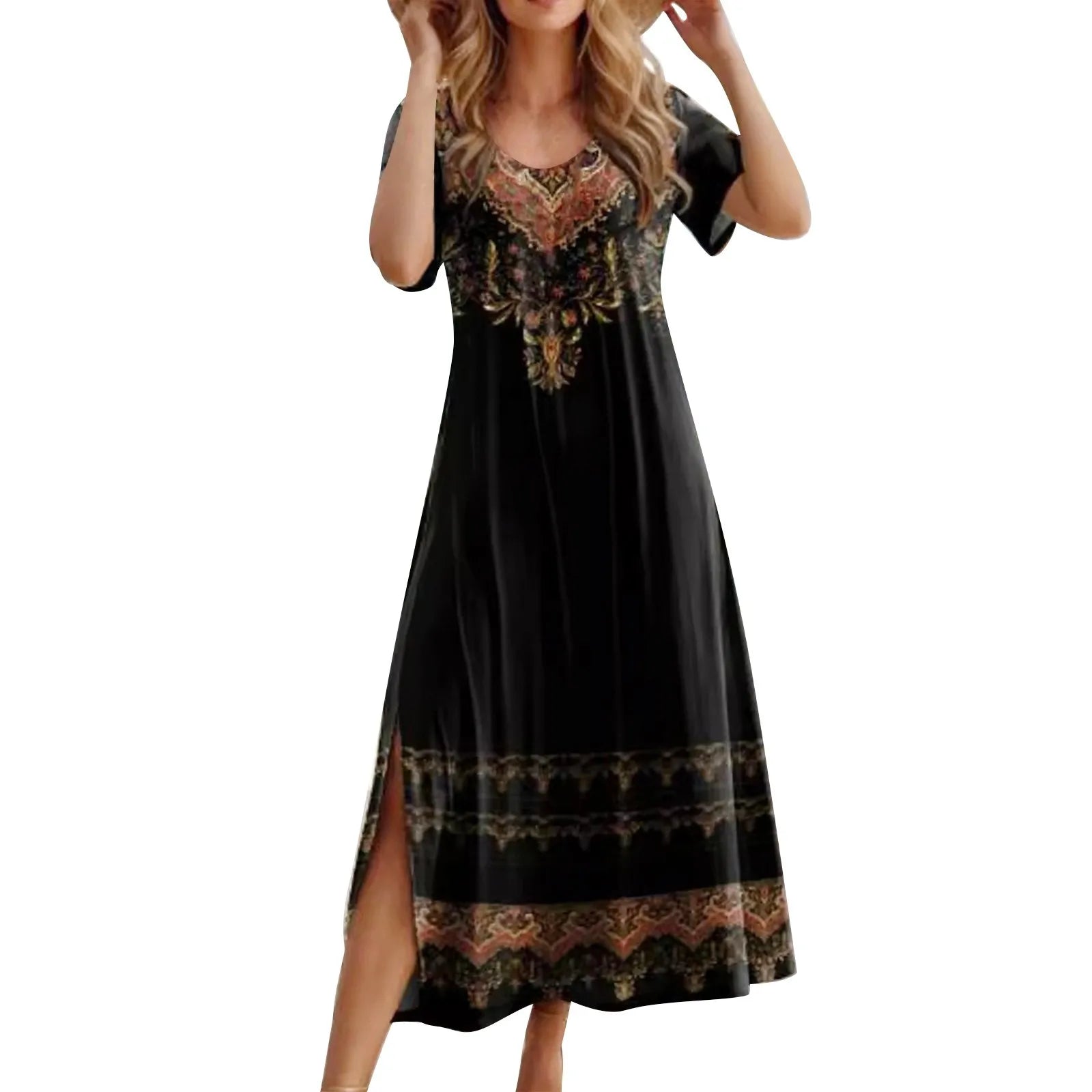 Women Allover Print Dress With Round Neck Short Sleeves