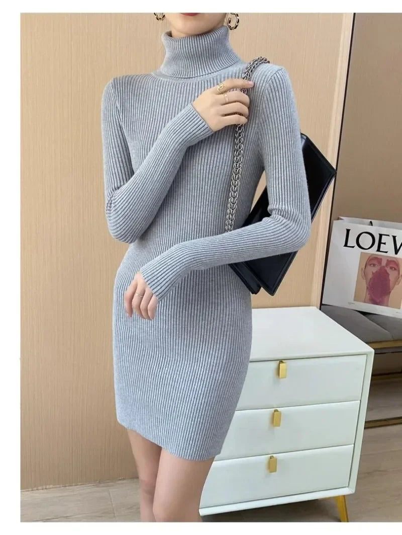 Korean Turtleneck Sweater Dress Bodycon Knit For Office