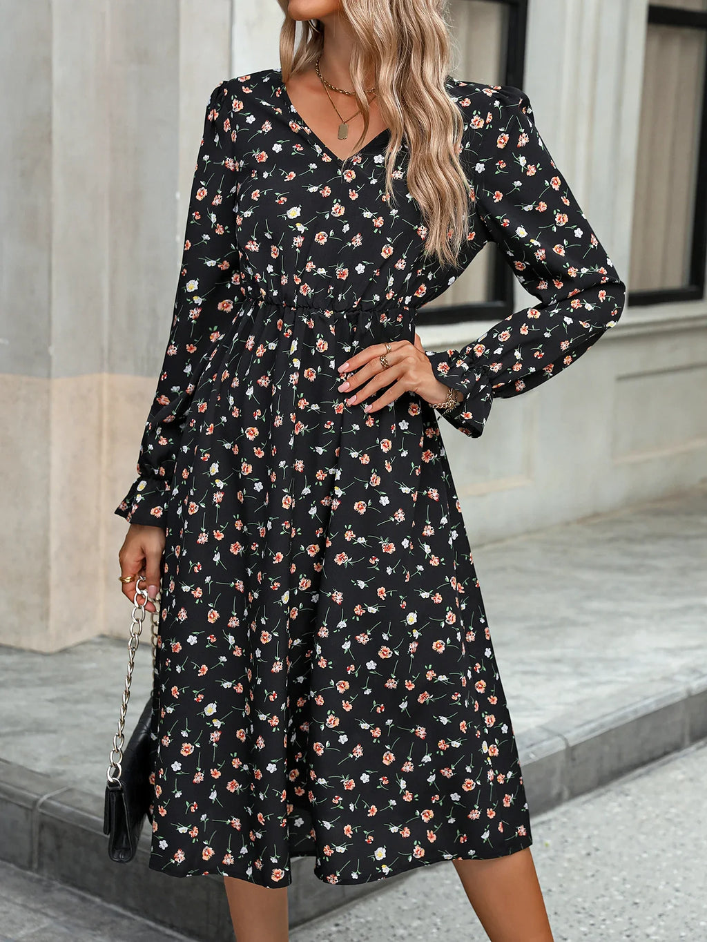 Floral V Neck Long Sleeve A Line Dress With Waistband