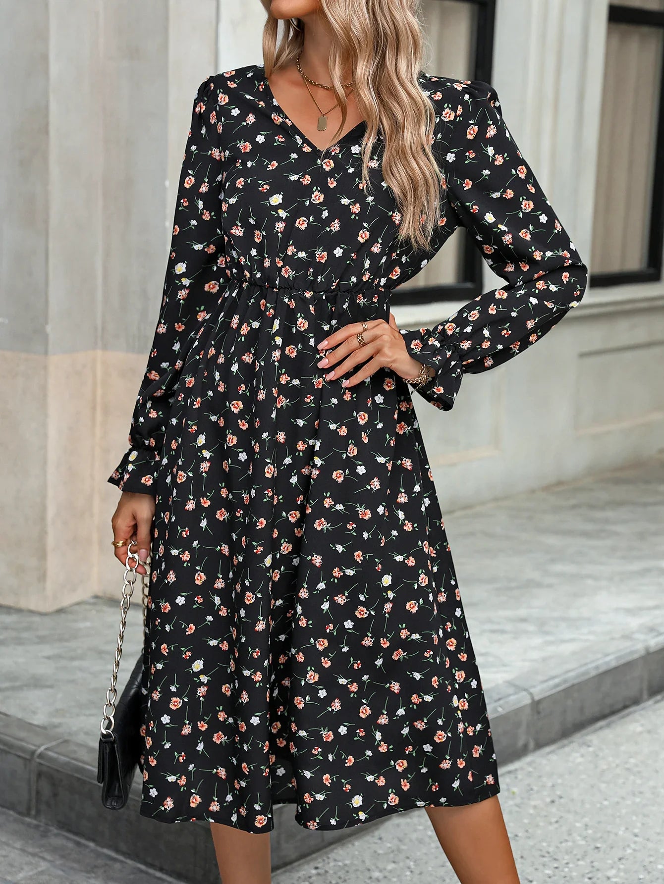 Floral V Neck Long Sleeve A Line Dress With Waistband