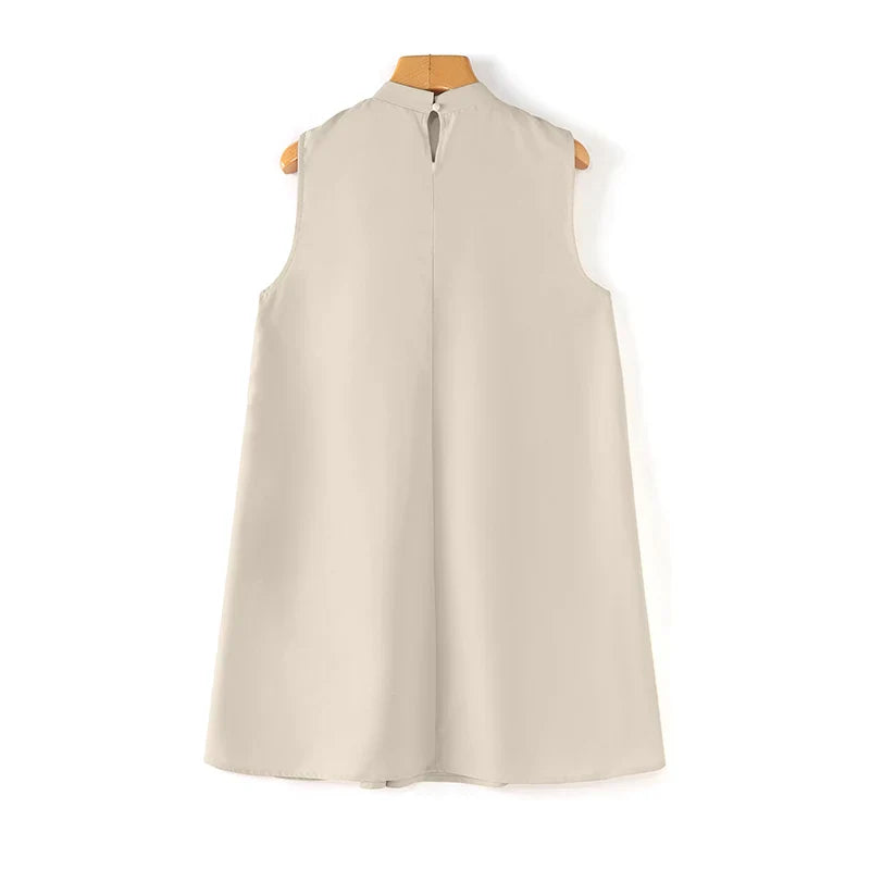 Mandarin Collar Pleated Sundress Women Sleeveless A Line