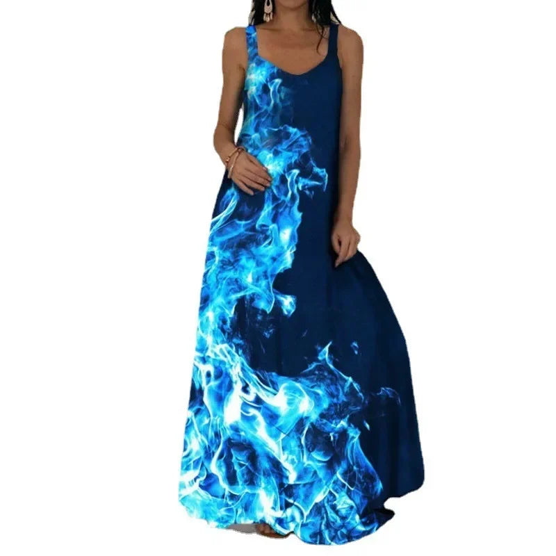 Flame Print Sleeveless Dress For Summer Casual Wear