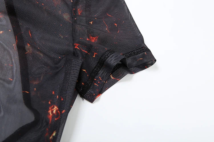 Colorful Mesh Print Jumpsuit for Women Sheer Backless Summer Clubwear Peach Buttocks Contour Tight Fit Overalls