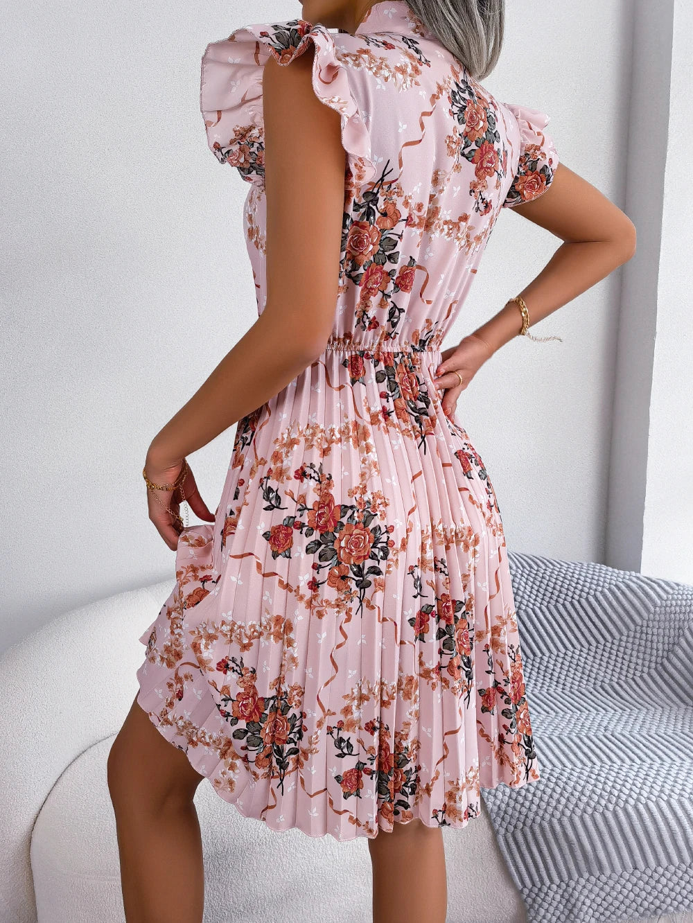 Womens Floral Print Bow Dress With Slim Pleated Waist