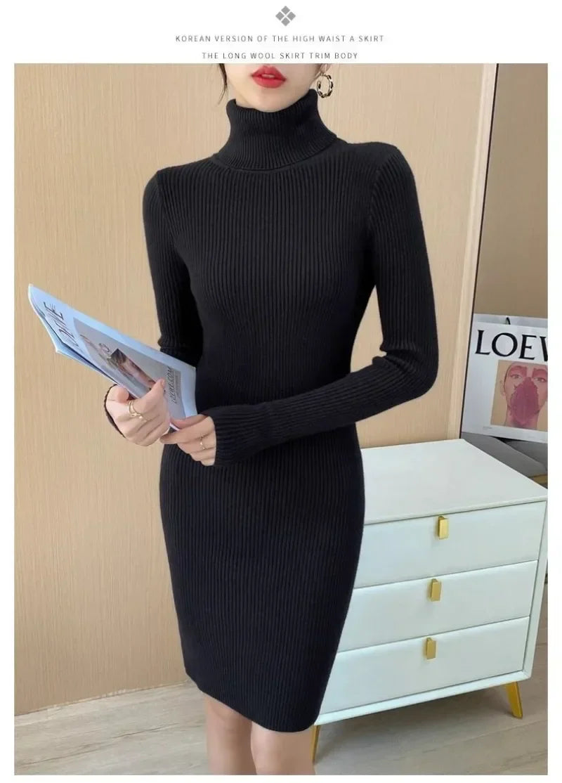 Korean Turtleneck Sweater Dress Bodycon Knit For Office