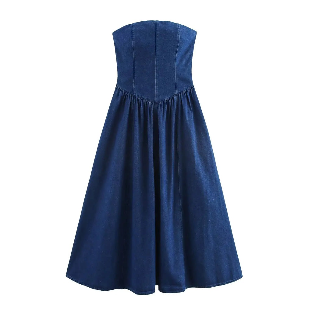 Strapless Denim Dress With Fitted Bodice And Pleated Skirt