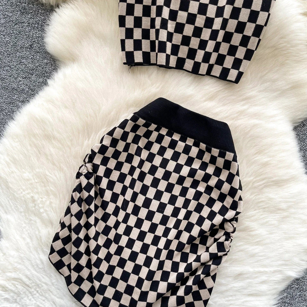 Women's Plaid Strapless Mini Top and High Waist Bodycon Skirt Set Casual Knitted Two-Piece Outfit