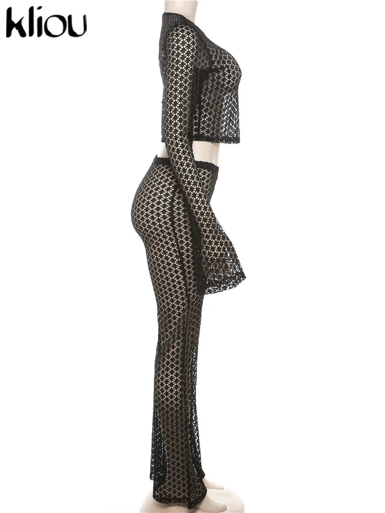 Sexy Coquette 2 Piece Set Sheer Long Sleeve Slim Top and High Waist Flare Pants Nightclub Outfit