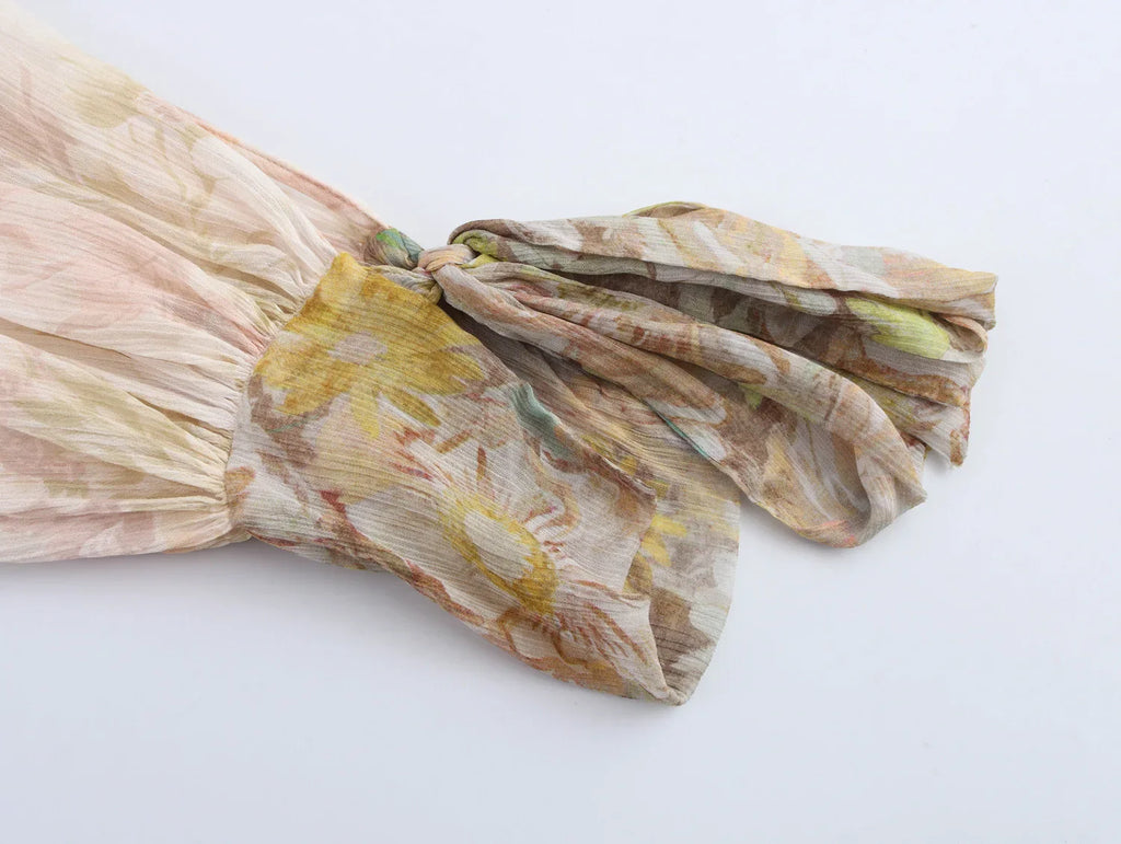 Loose Printed Blouse for Women with Pleated V-Neck Lantern Sleeves Single-Breasted Casual Pullover Shirt Chic Lightweight Spring Summer Top