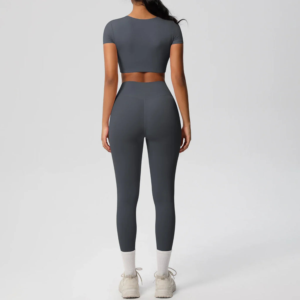 Yoga Set for Women Fitness Sportswear with Short Sleeve Top and High Waist Leggings