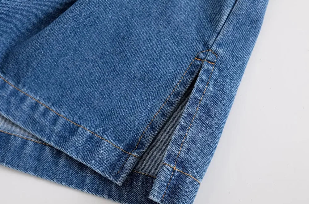 Women's Denim Loose Shirt with Pockets and High Elastic Waist Wide Leg Pants Two Piece Set