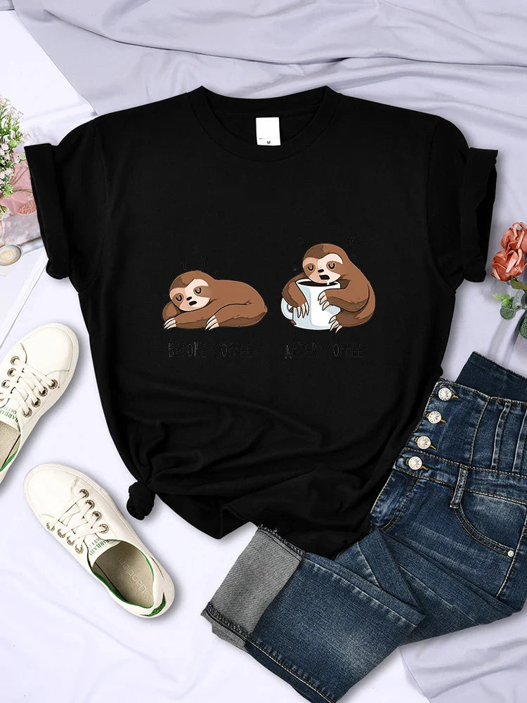 Before Coffee After Coffee Kawaii Sloth T Shirt for Women Casual Fashion Short Sleeve Breathable Tee