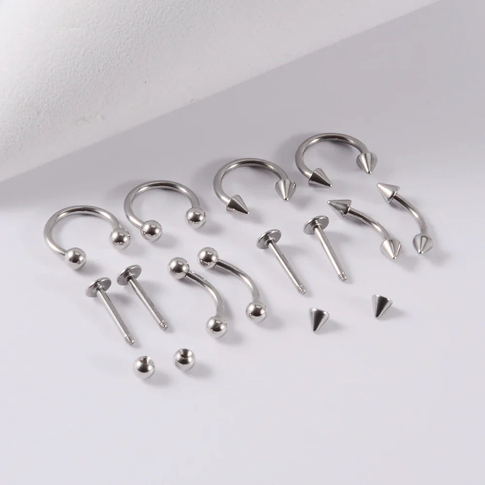 12 Piece Surgical Steel Piercing Jewelry Set with Gold Plated Black Rainbow Ear Nose and Eyebrow Labret 8mm