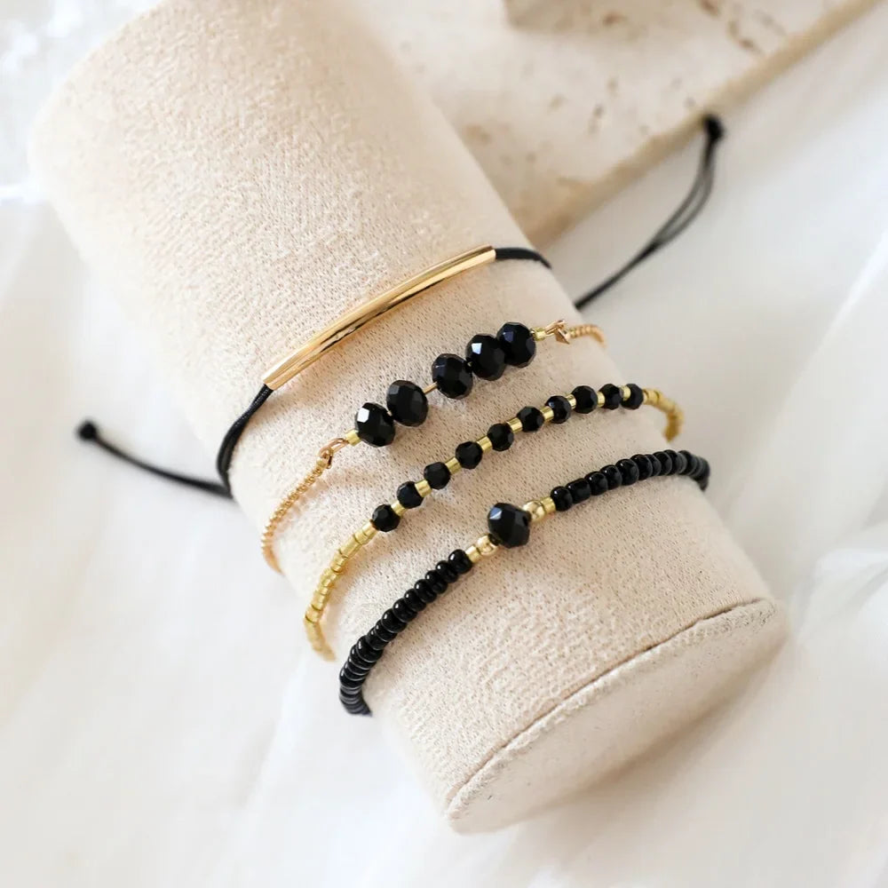 4Pcs Set Black Glass Stone Bracelets for Women Trendy Boho Handmade Jewelry Accessories