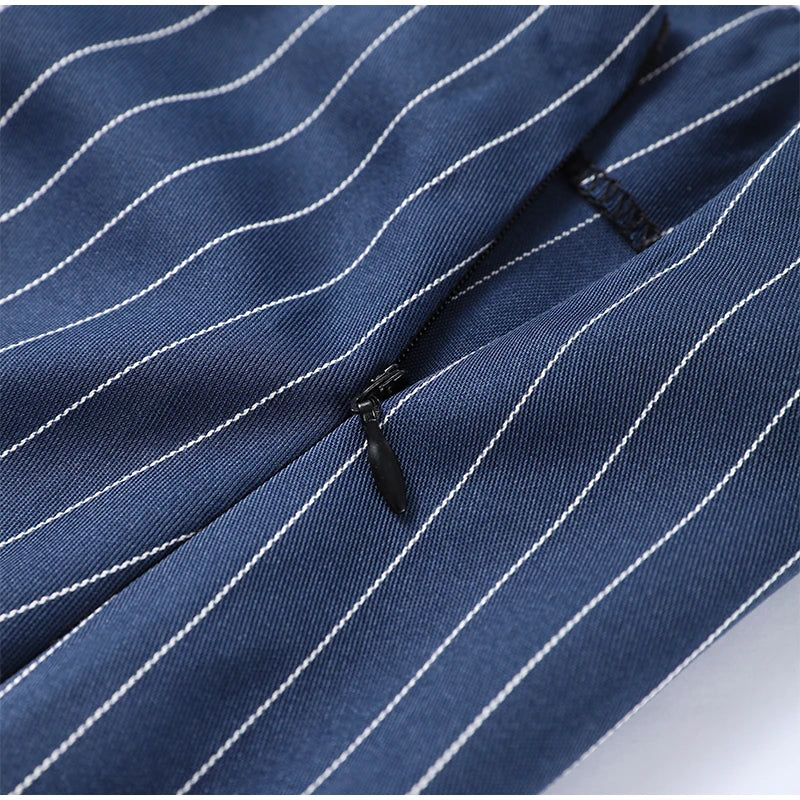 Women's Street Striped Blazer and Skirt Set Slim V-Neck Single Breasted Coat with Ribbon Accent Hip-Hugging Package Skirt Chic Spring Summer Outfit