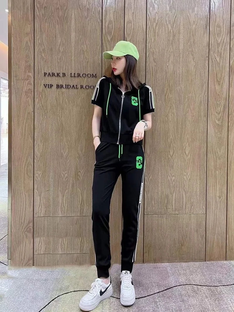 Women's Casual Loose Fit Tracksuit Set with Short Sleeve Hooded Top and High Waist Pants
