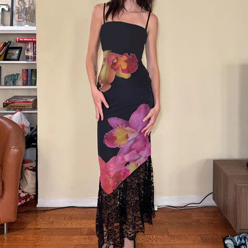 Black Lace Backless Maxi Dress Sleeveless Summer Clubwear