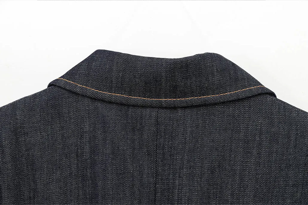 Women's Denim Jacket and Pants Set with Long Sleeve Blazer, Strapless Vest, and Straight Leg Jeans Fashion Outfit