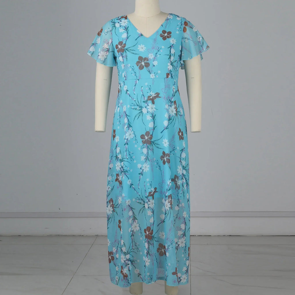 Women's Floral Chiffon Swing Dress with V Neck Short Sleeve