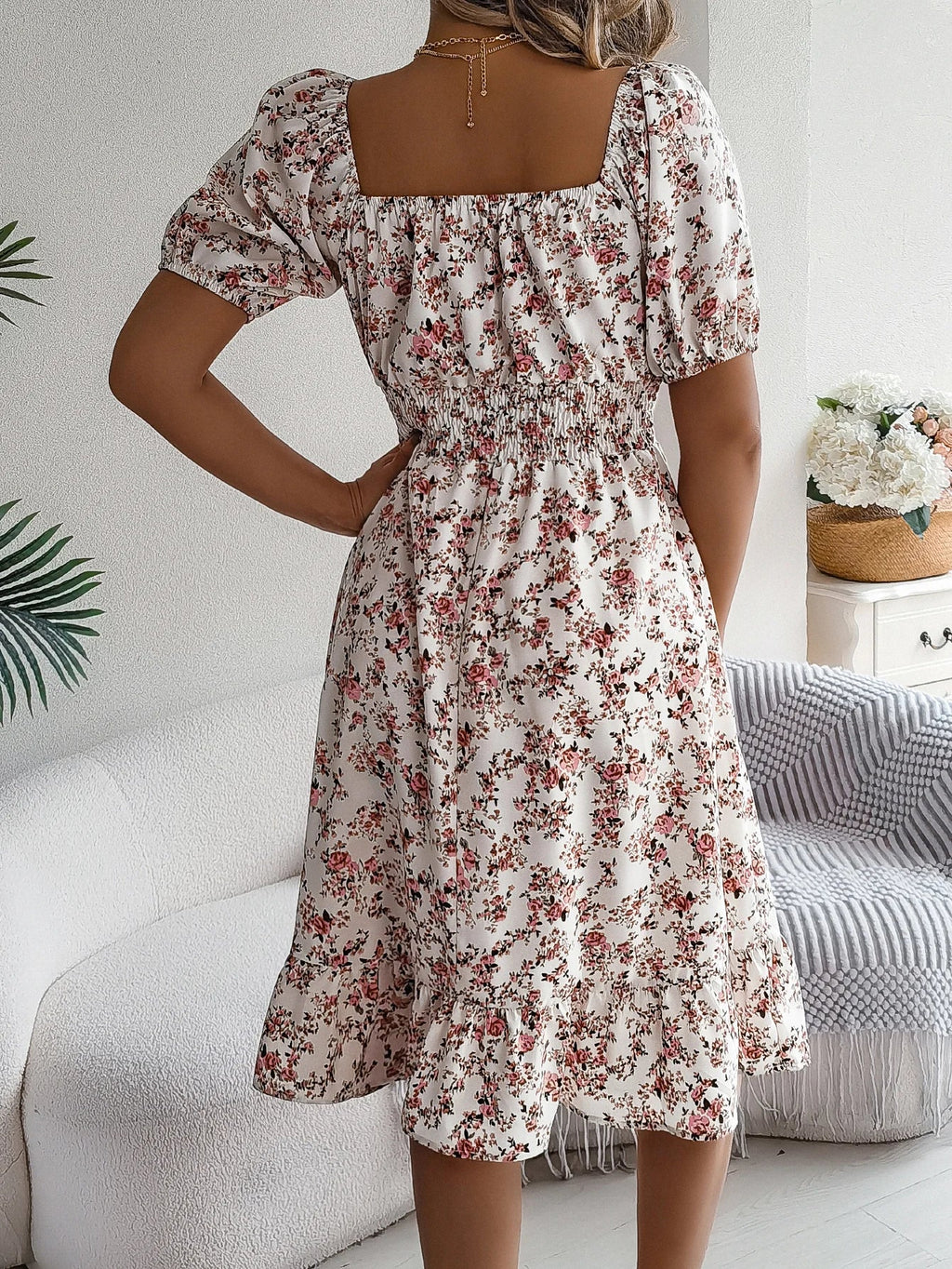 Floral Print Square Neck Dress With Shirred Waist Detail