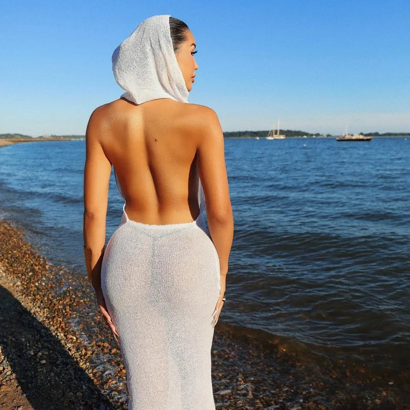 Sleeveless Hooded Dress Slimming Swing Neck Solid Color Long