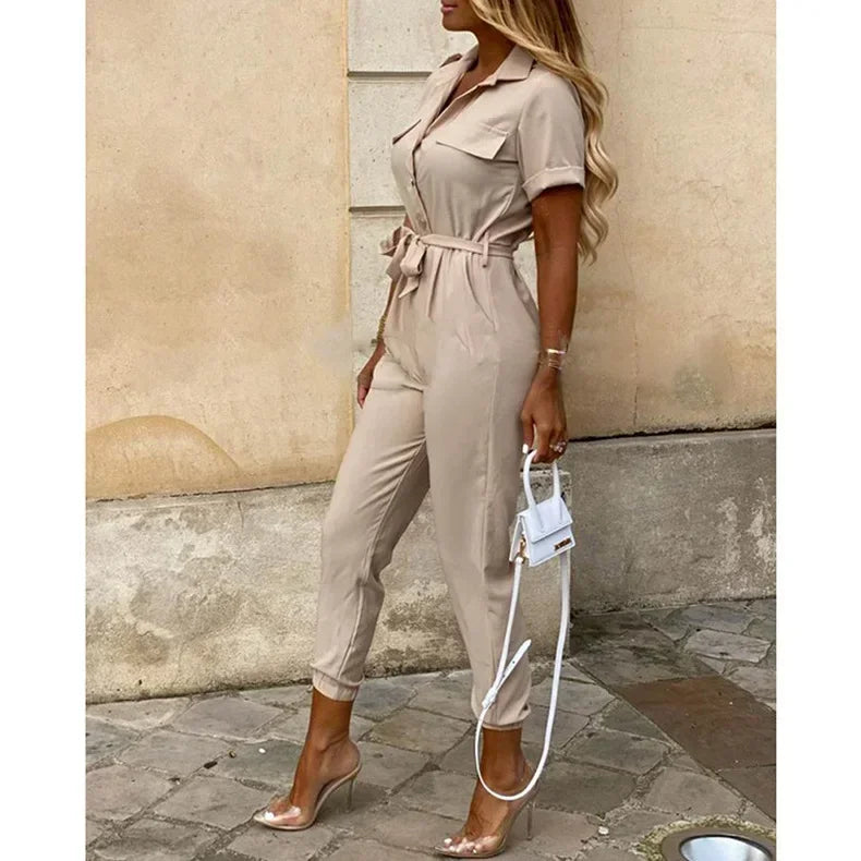 Casual Chic Overalls for Women Lapel Lace-Up Print Belted Work Jumpsuit One-Piece Bodysuit Elegant Long Sleeve Jumpsuit with Stylish Fit