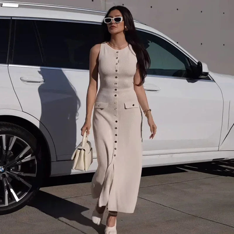 Elegant Sleeveless Ribbed Knit Bodycon Dress High Waist