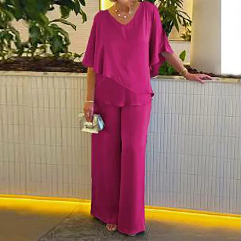 Elegant Summer Women's Two-Piece Set Solid Color V-Neck Irregular Top with High Waist Wide Leg Pants Matching Outfit