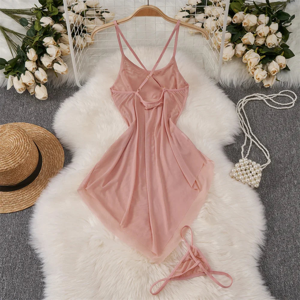 Backless Mesh Nightgown With Cross Strap Nightdress