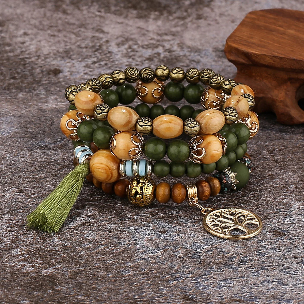 4Pcs Bohemian Tree Of Life Charm Beaded Bracelet Set Handmade Wood Beads Bangle Jewelry for Women