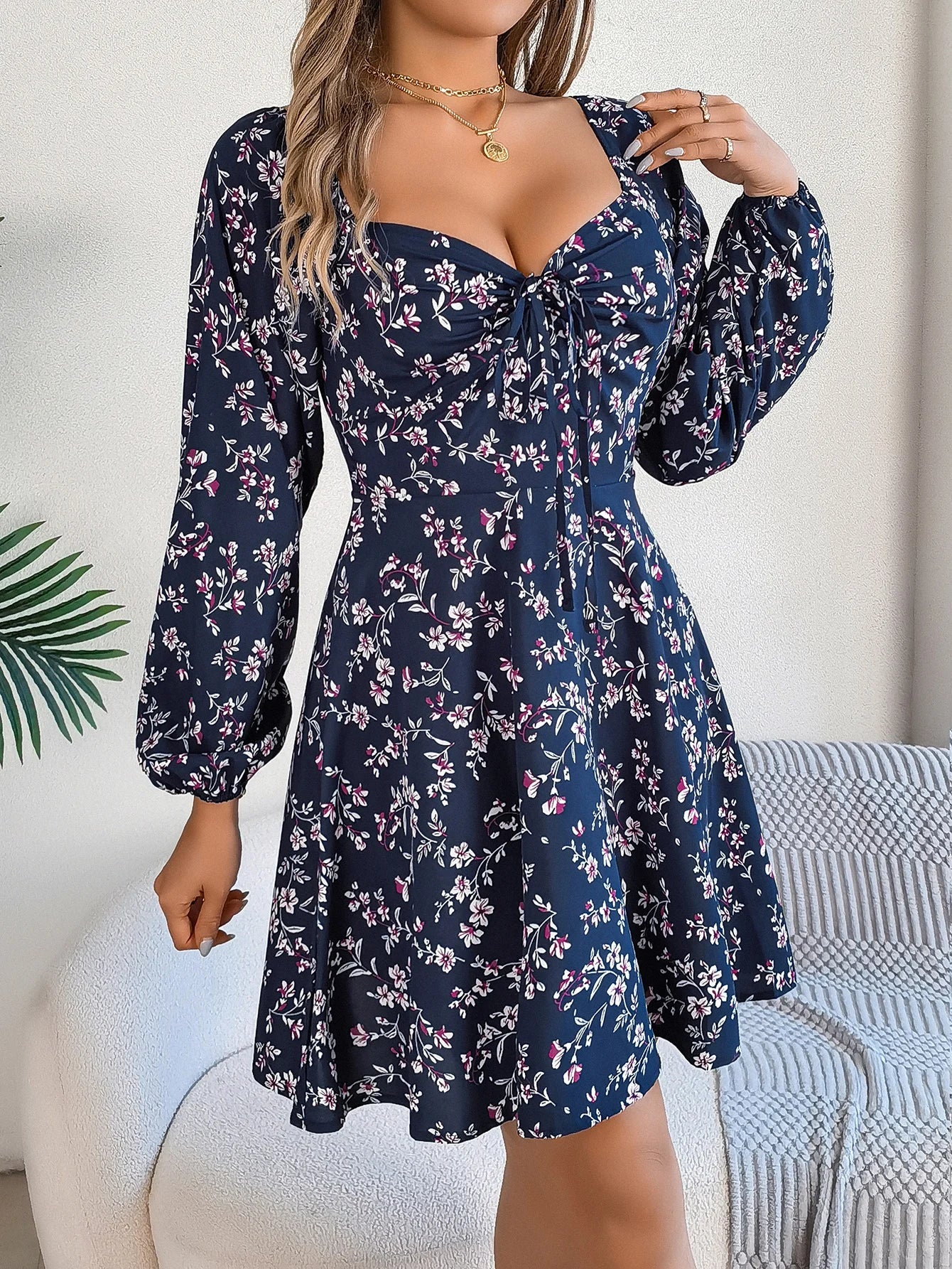Floral Print Square Neck Dress With Long Sleeve Lace Up