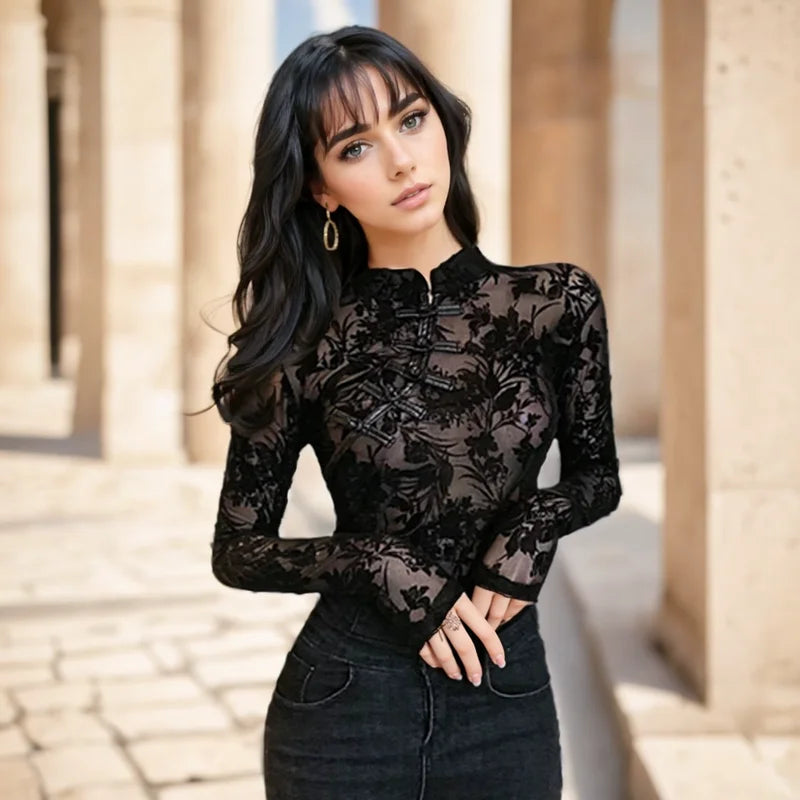 Elegant Mesh Lace Hollow Slim Fit Long Sleeve Shirt for Women Vintage-Inspired Sexy Bottoming Top
