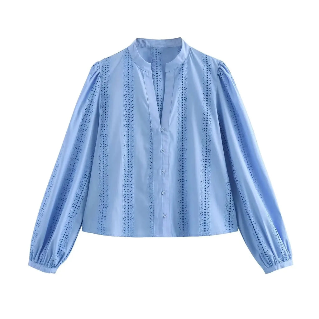 Loose Lace Up White Shirt for Women Elegant Hollow Out Embroidered Puff Sleeve Cropped Top