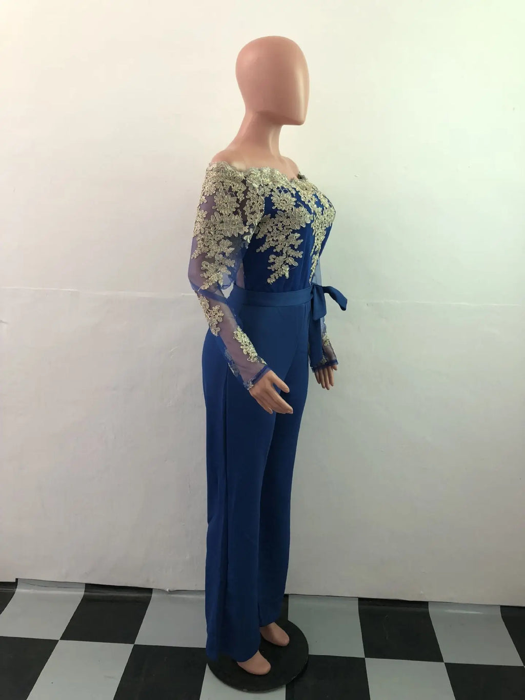 Appliques Lace Patchwork Off Shoulder Jumpsuit for Women with Slash Neck Long Sleeve and Elegant Wide Leg Pants Party Overalls