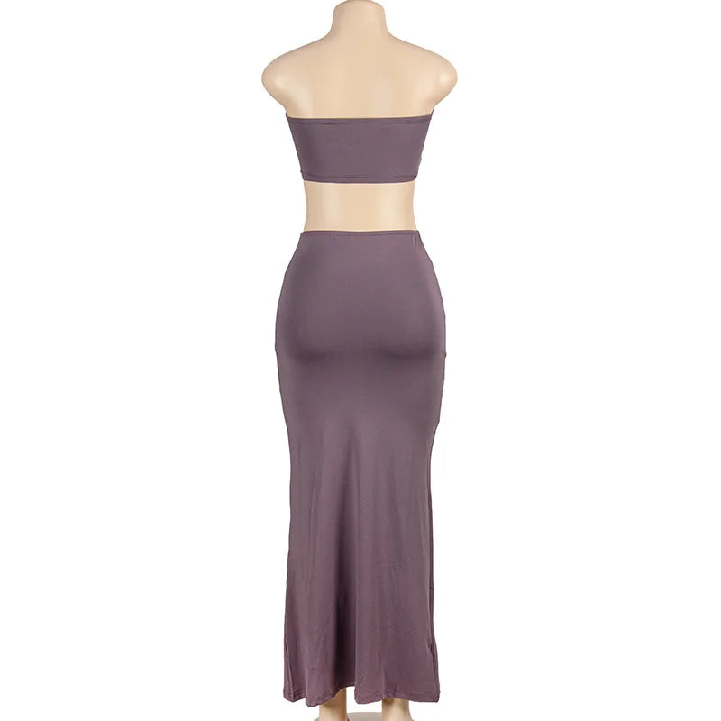 Solid Color Sleeveless Tube Top with High Waist Slim Long Skirt Set for Women Summer Chic Fashion
